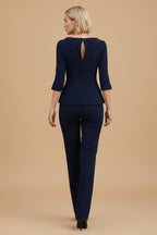 Getailleerd Marineblauw Blazerpak met Peplum Blazer en Wijde Broek