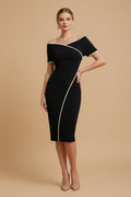 Getailleerde Sheath Jurk met Off-Shoulder Halslijn en Contrasterende Details