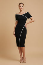Getailleerde Sheath Jurk met Off-Shoulder Halslijn en Contrasterende Details