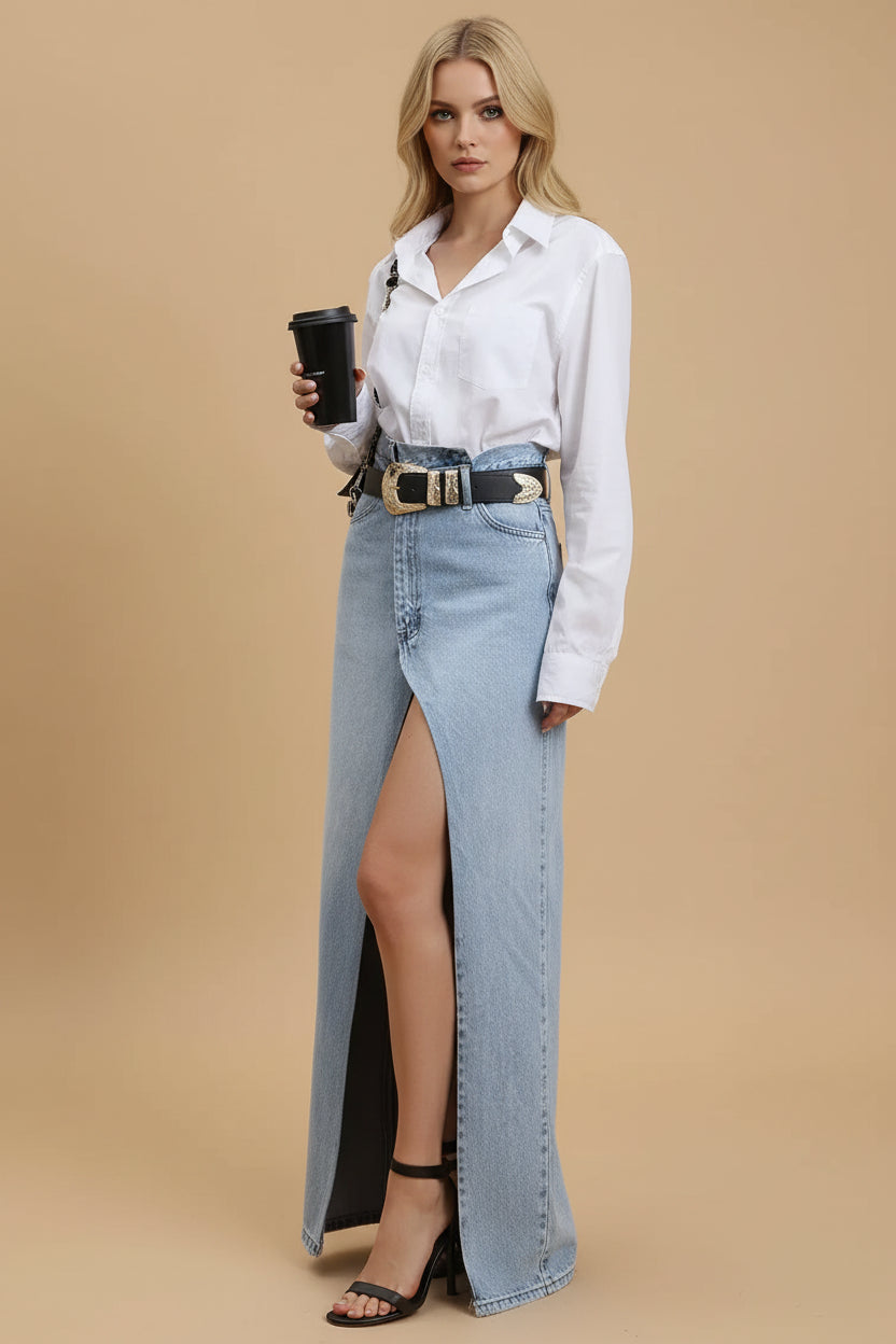 Vivirose | Denim Maxi Rok Dames – Hoge Taille & Split Voorzijde