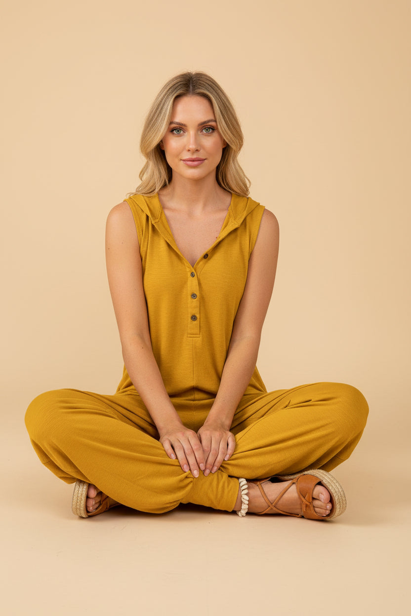 Vivirose- Effen Mouwloze Jumpsuit Met Capuchon En Relaxte Pasvorm