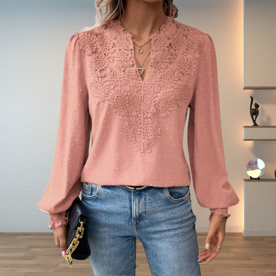 Lillian | Dames V-Hals Lange Mouw Bloemen Detail Blouse Top