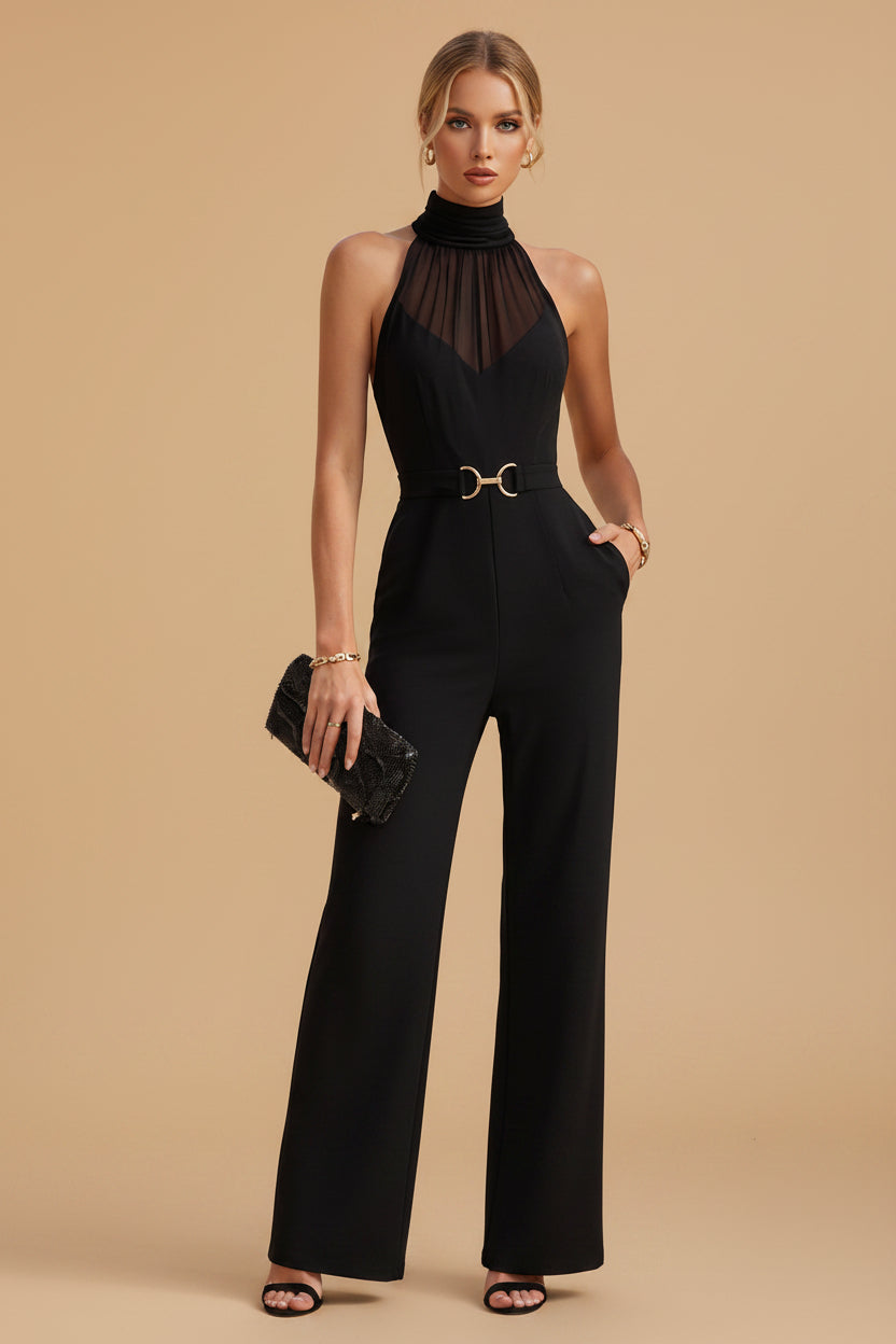 Getailleerde Jumpsuit met Hoge Hals, Transparant Yoke Detail en Wijde Pijpen