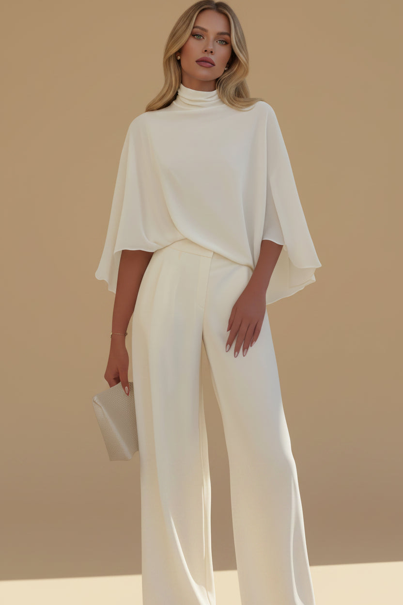 Set van Blouse met Hoge Hals en Cape-Mouwen & Wijde Broek met Split