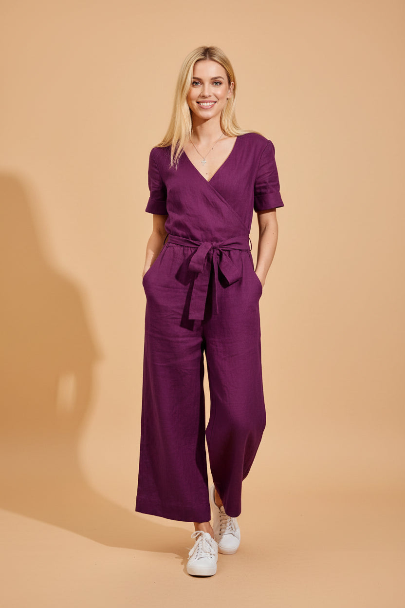 Vivirose- Jumpsuit Met Riem En Korte Mouwen Voor Een Casual Look