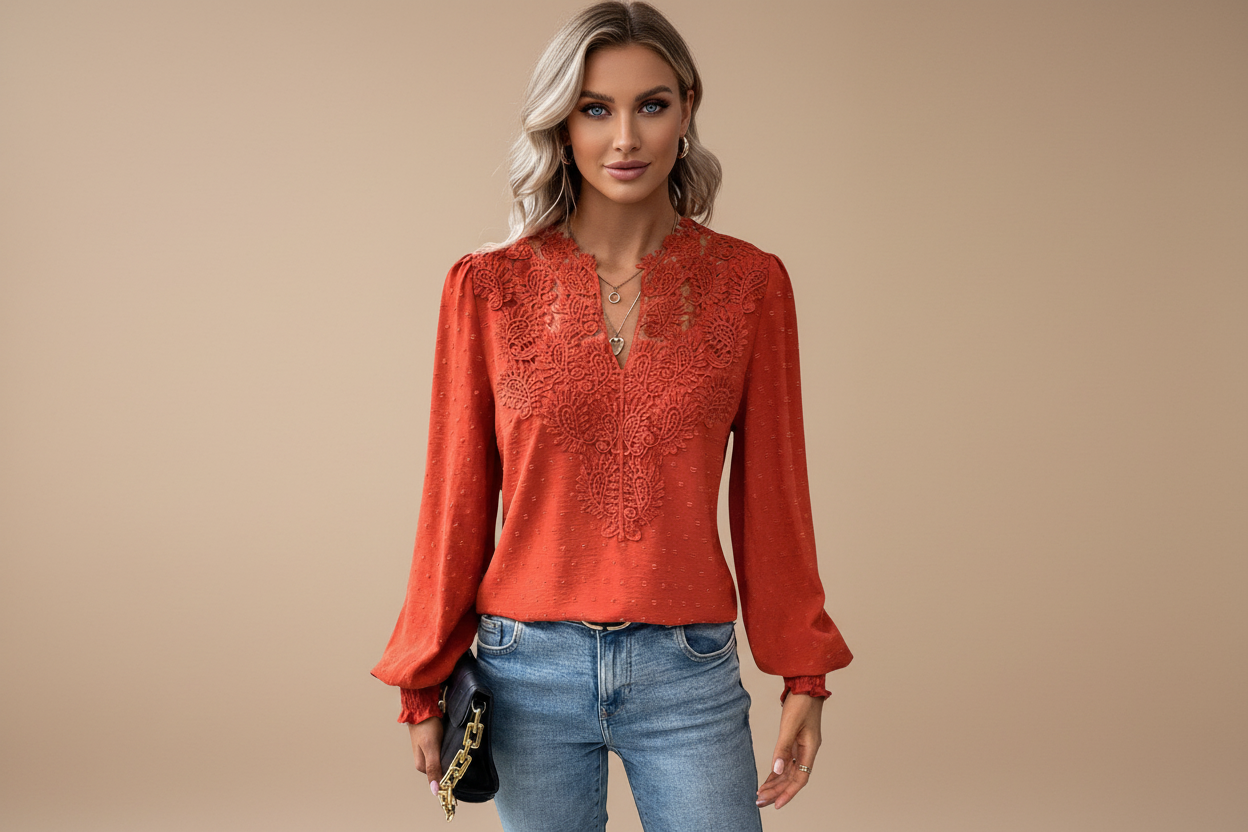 Lillian | Dames V-Hals Lange Mouw Bloemen Detail Blouse Top