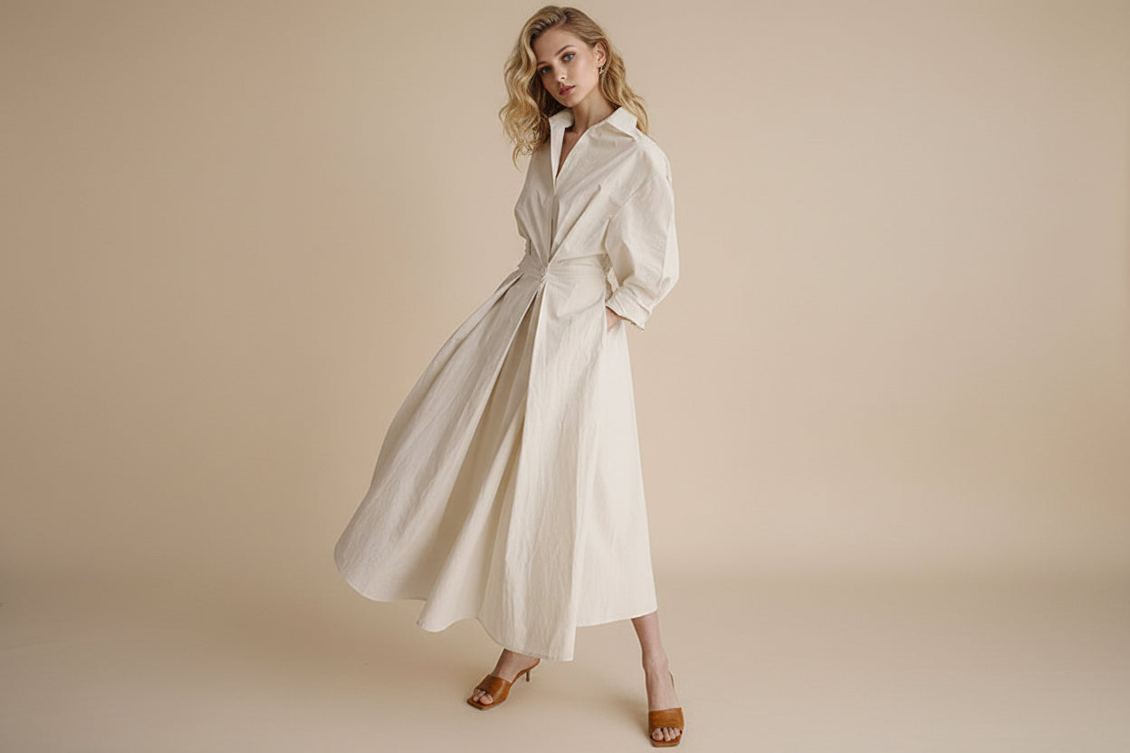 Faye | Dames Elegante Knoop Taille Overhemd Midi Jurk