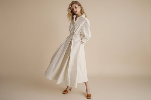 Faye | Dames Elegante Knoop Taille Overhemd Midi Jurk