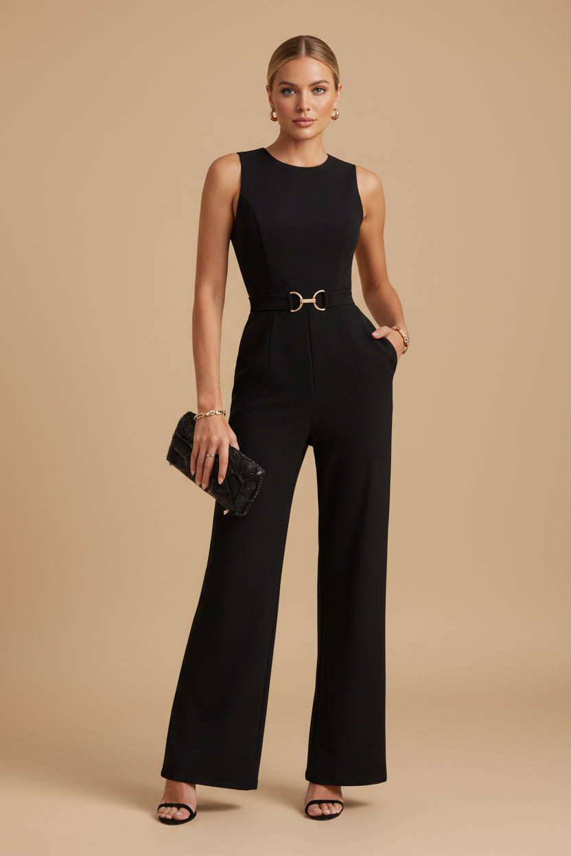 Getailleerde Jumpsuit met Hoge Hals, Transparant Yoke Detail en Wijde Pijpen