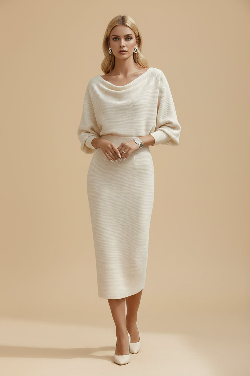 Witte Midi Jurk met Drapering en Vleermuismouwen