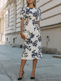 Botanical Print Short Sleeve Midi Dress