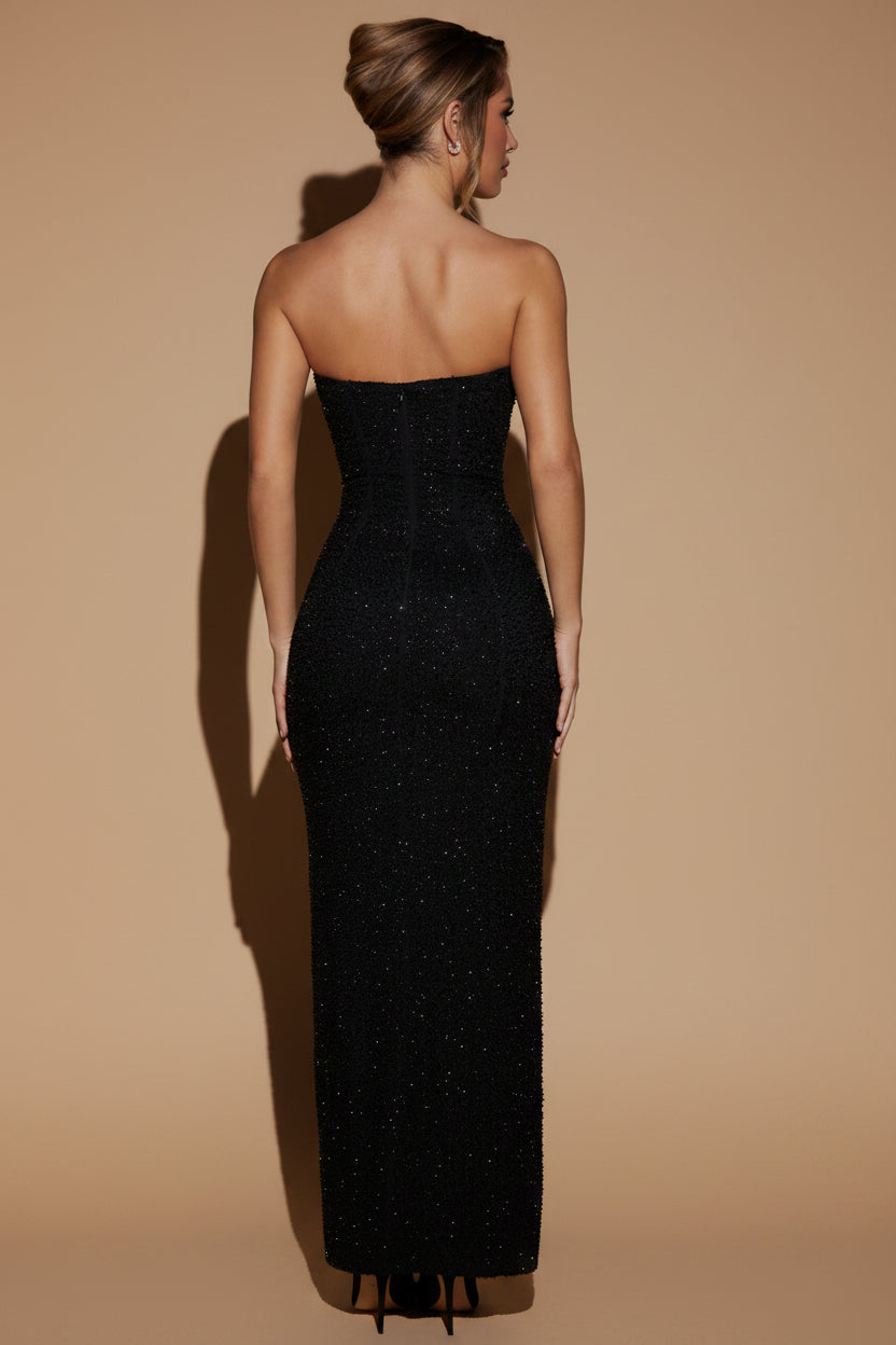 Embellished Bandeau Cowl Neck Maxi Dress in Black