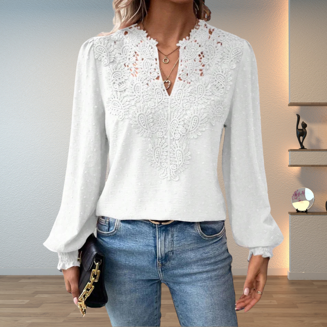 Lillian | Dames V-Hals Lange Mouw Bloemen Detail Blouse Top