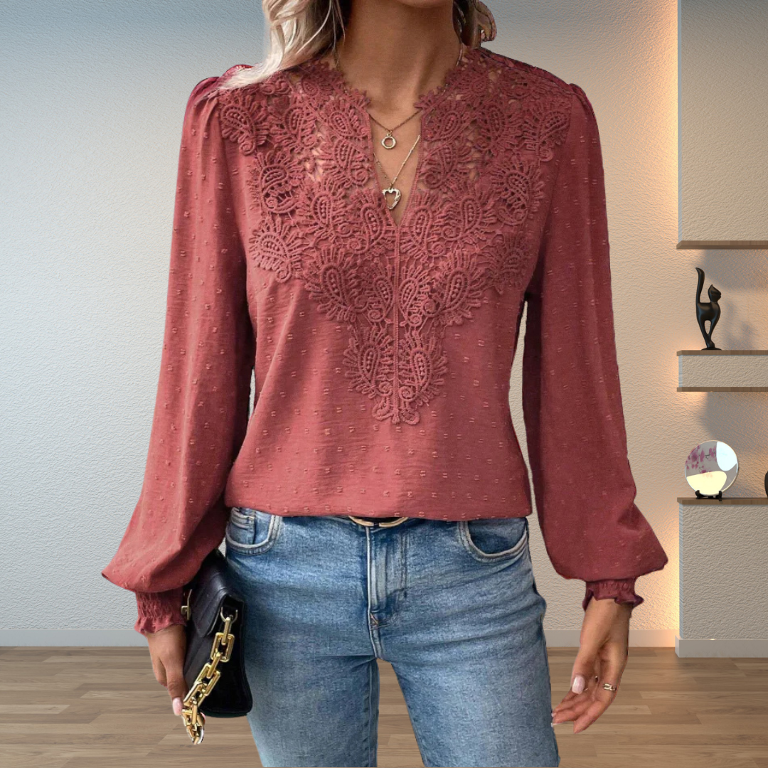 Lillian | Dames V-Hals Lange Mouw Bloemen Detail Blouse Top