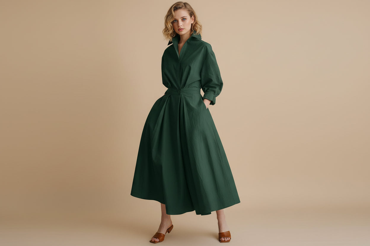 Faye | Dames Elegante Knoop Taille Overhemd Midi Jurk