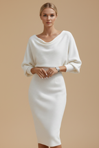 Witte Midi Jurk met Drapering en Vleermuismouwen