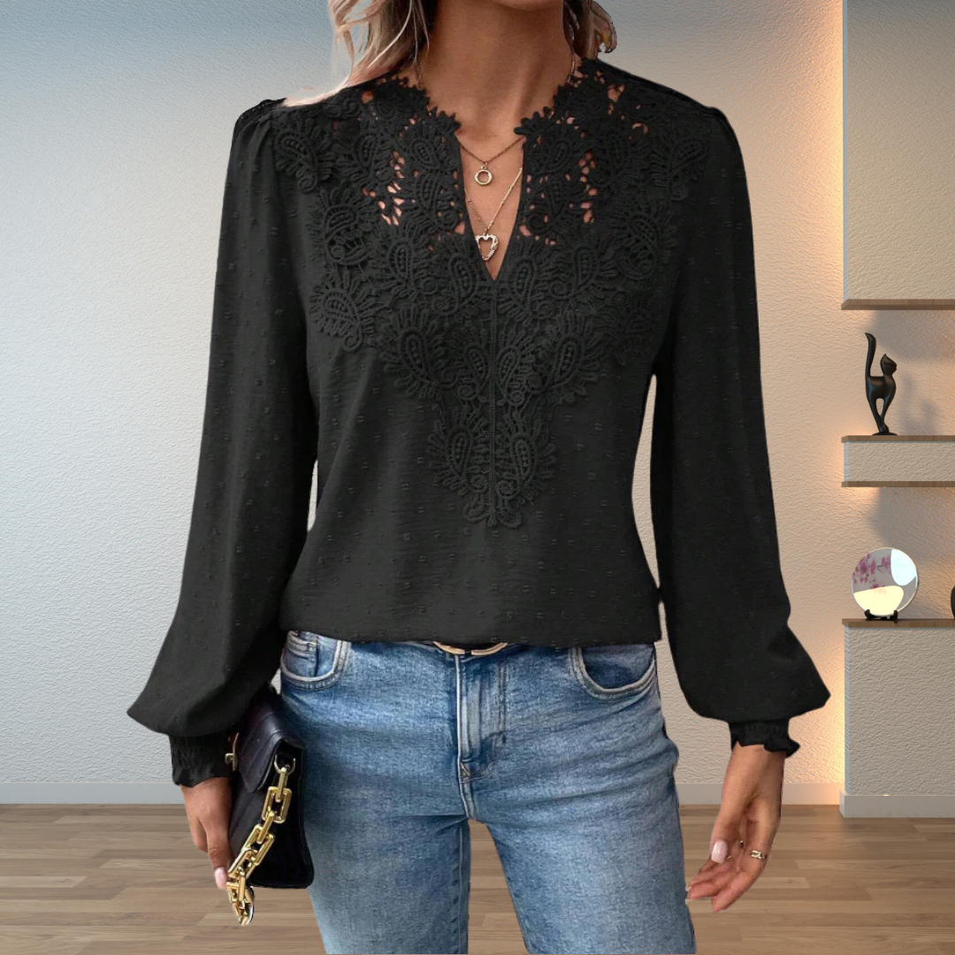 Lillian | Dames V-Hals Lange Mouw Bloemen Detail Blouse Top