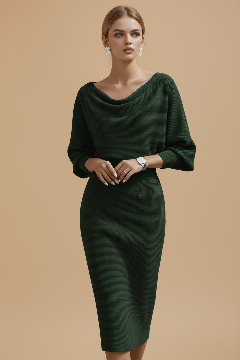 Vivirose| Dames Boothals Vleermuismouw Midi Bodycon Jurk