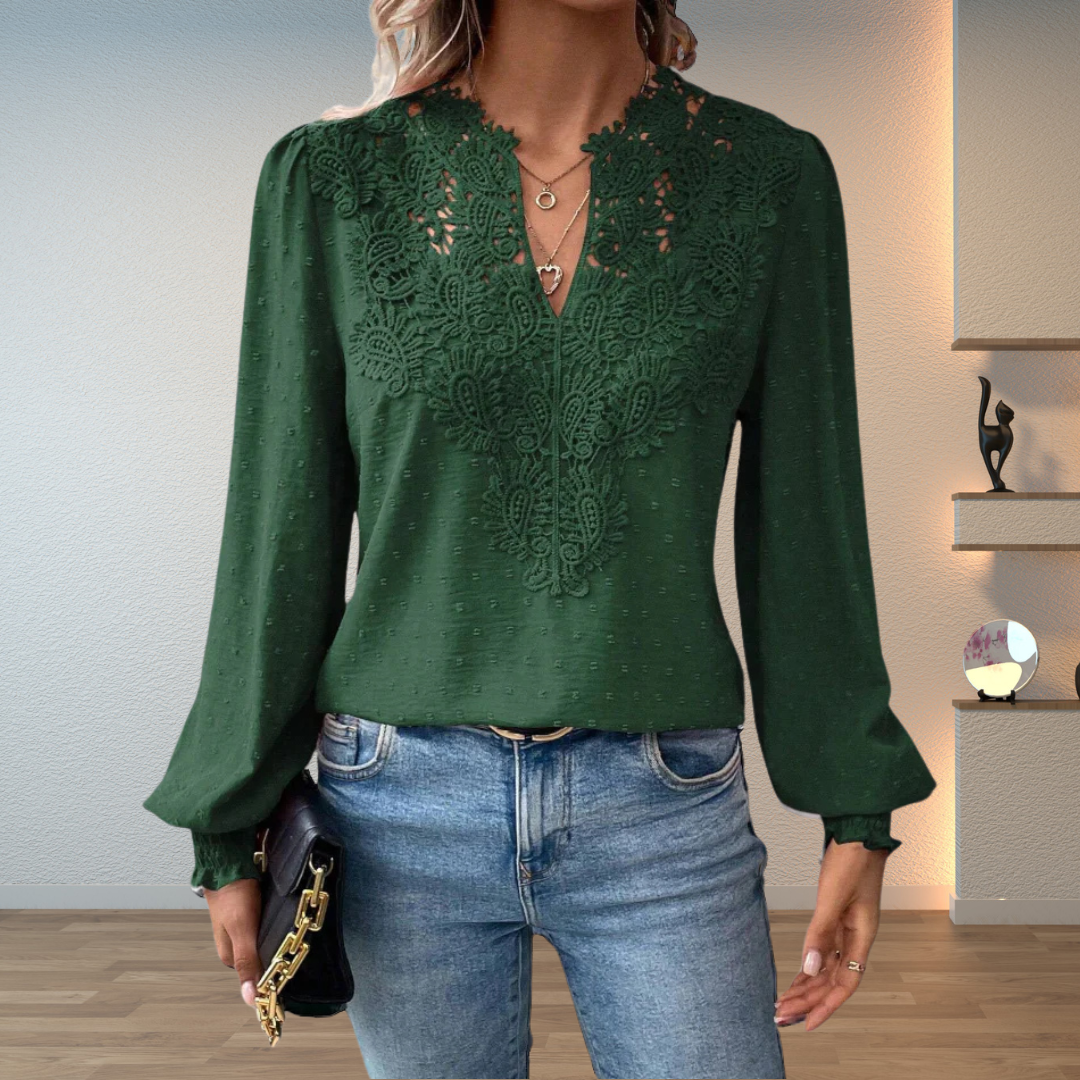 Lillian | Dames V-Hals Lange Mouw Bloemen Detail Blouse Top