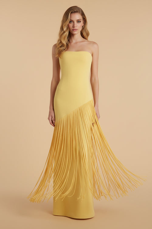 Cayetana Gele Maxi Jurk met Franjes en Sjaaldetail
