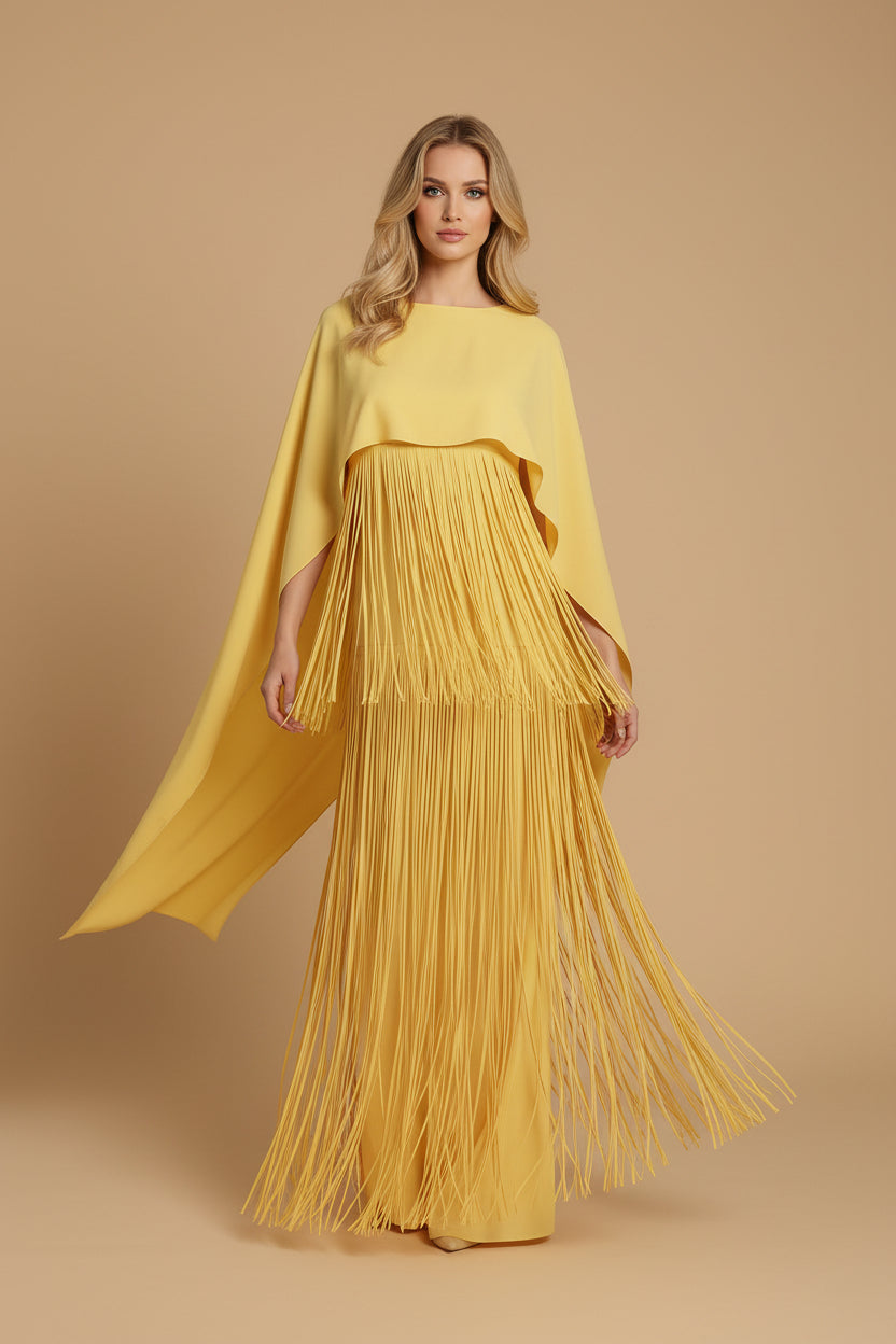 Cayetana Gele Maxi Jurk met Franjes en Sjaaldetail