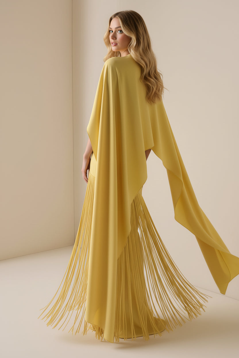Cayetana Gele Maxi Jurk met Franjes en Sjaaldetail