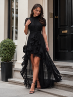 Sheer Ruffle High-Low Tie Waist Maxi Dress
