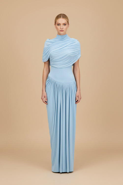 Catherine Asymmetrische Geplooide Maxi Jurk in Babyblauw