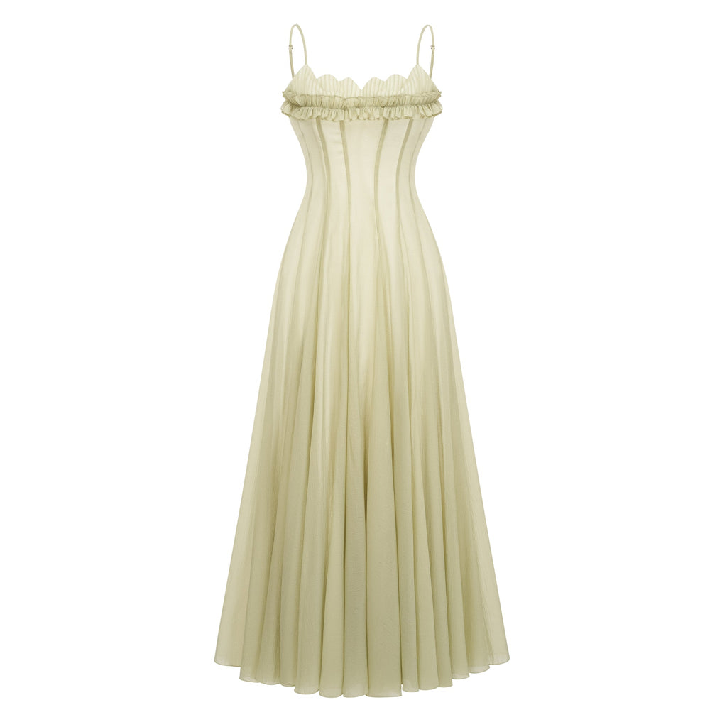 Matcha Ruffled Shirred Tulle Maxi Dress