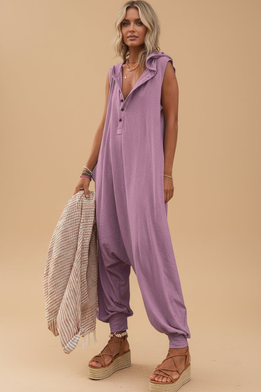 Vivirose- Effen Mouwloze Jumpsuit Met Capuchon En Relaxte Pasvorm