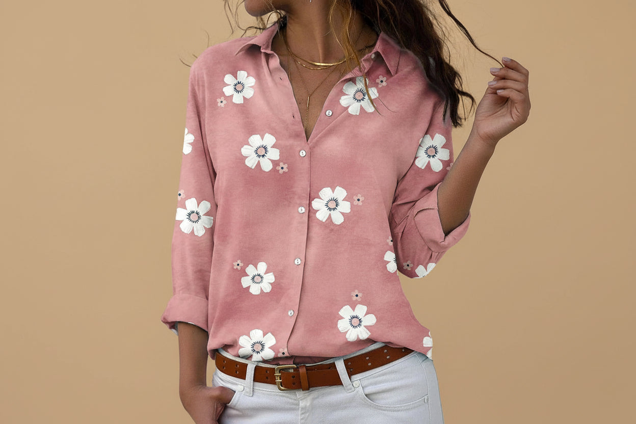 Vivirose | Dames Bloemen Knoop-omhoog Lange Mouw Shirt Top