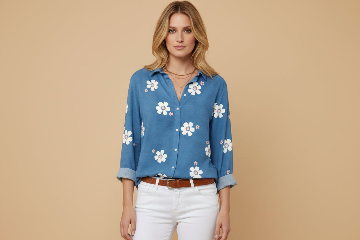 Vivirose | Dames Bloemen Knoop-omhoog Lange Mouw Shirt Top