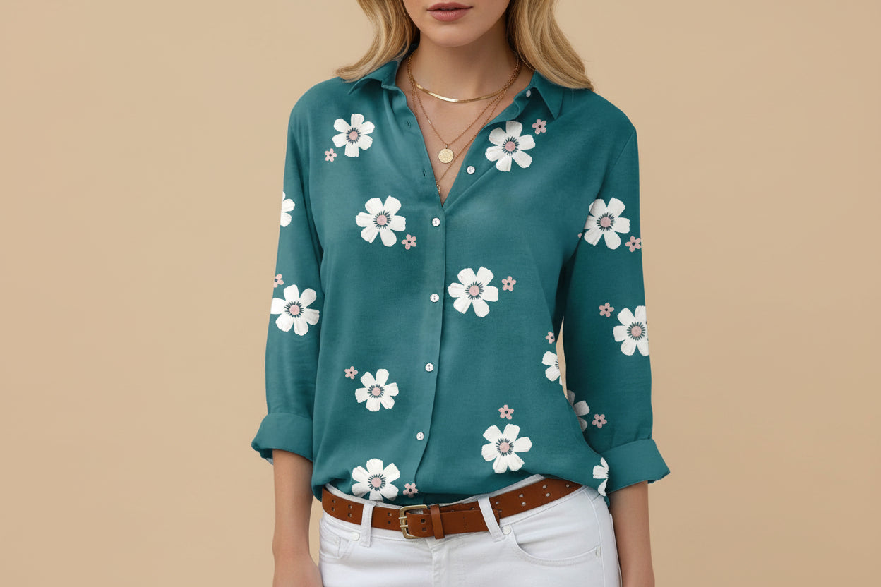 Vivirose | Dames Bloemen Knoop-omhoog Lange Mouw Shirt Top