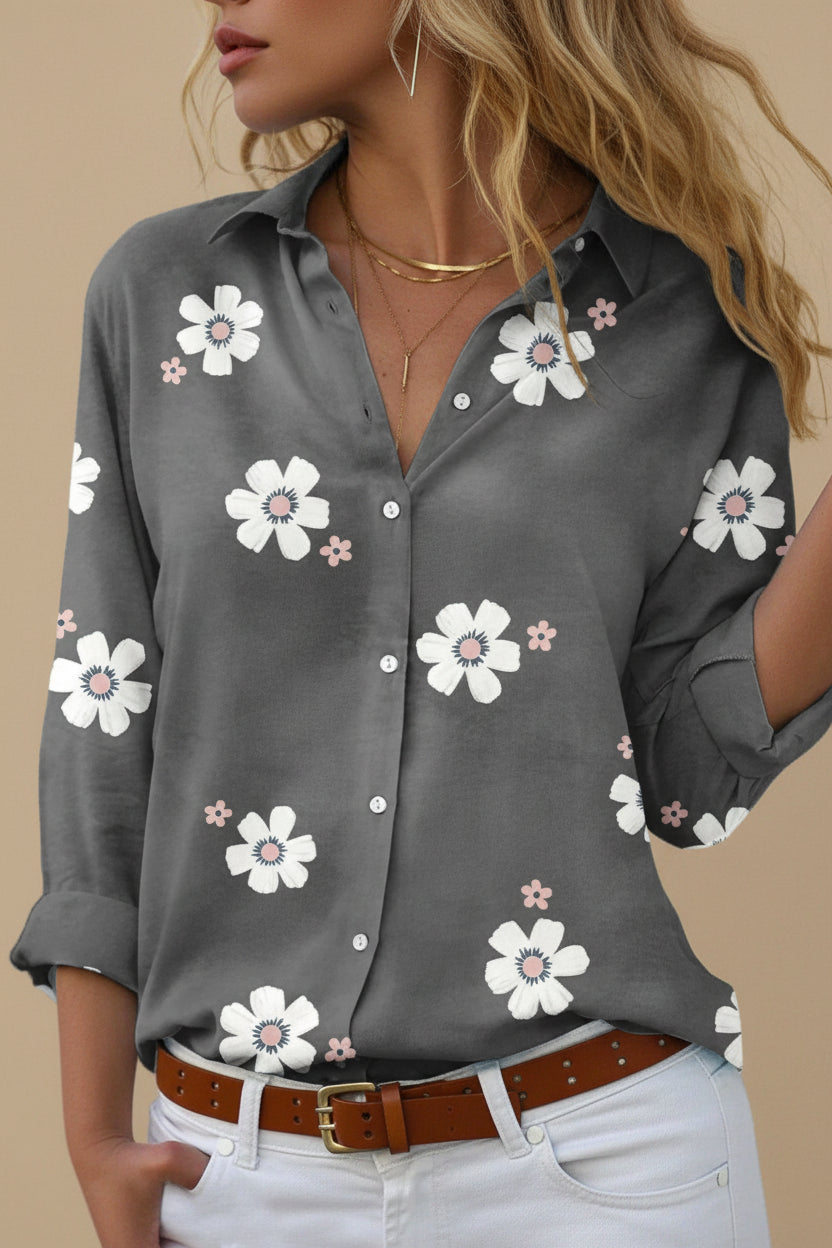 Vivirose | Dames Bloemen Knoop-omhoog Lange Mouw Shirt Top