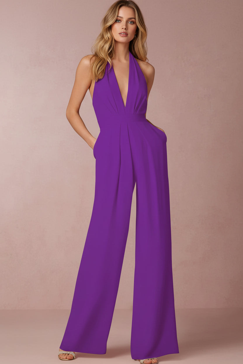 Vivirose- Stijlvolle Jumpsuit Met Wijde Pijpen En V-Halslijn