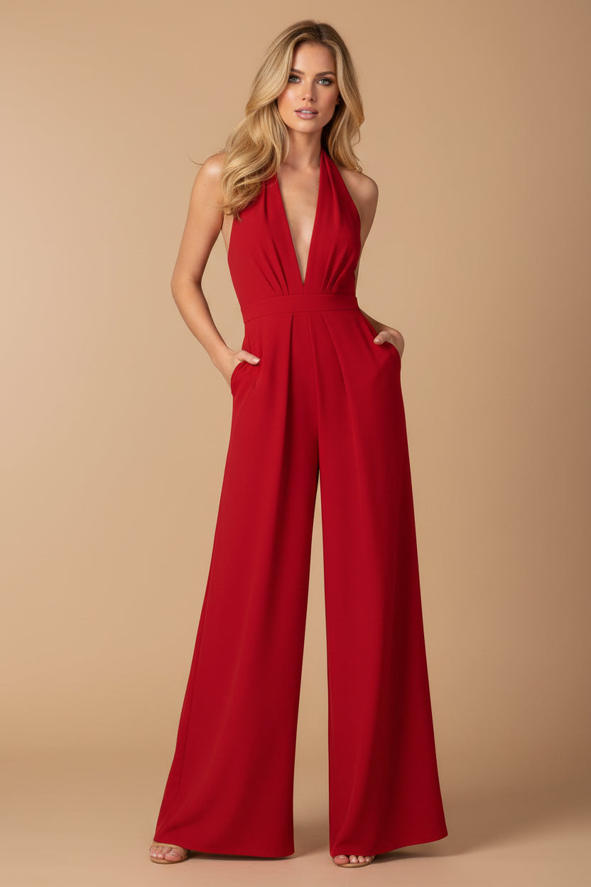 Vivirose- Stijlvolle Jumpsuit Met Wijde Pijpen En V-Halslijn