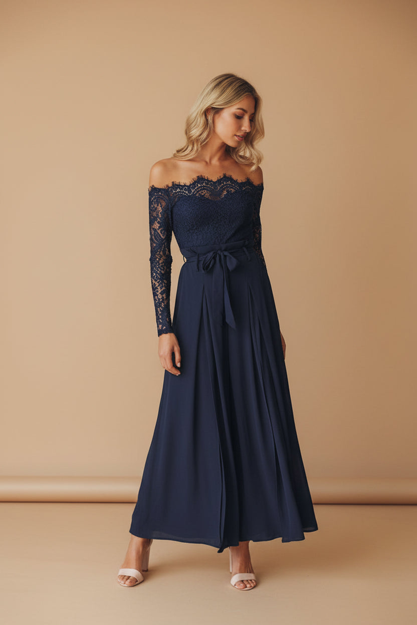Vivirose - Off Shoulder Jumpsuit Met Kant En Hoge Split