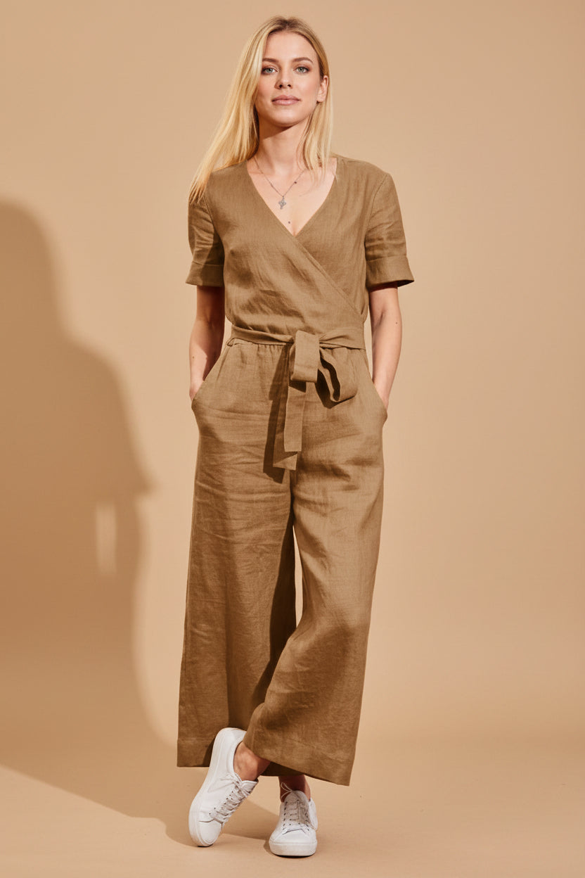 Vivirose- Jumpsuit Met Riem En Korte Mouwen Voor Een Casual Look