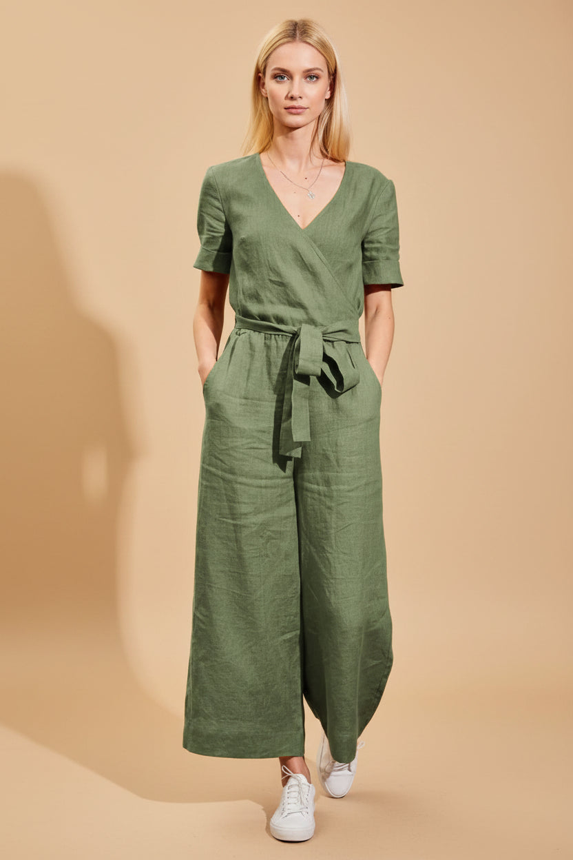 Vivirose- Jumpsuit Met Riem En Korte Mouwen Voor Een Casual Look