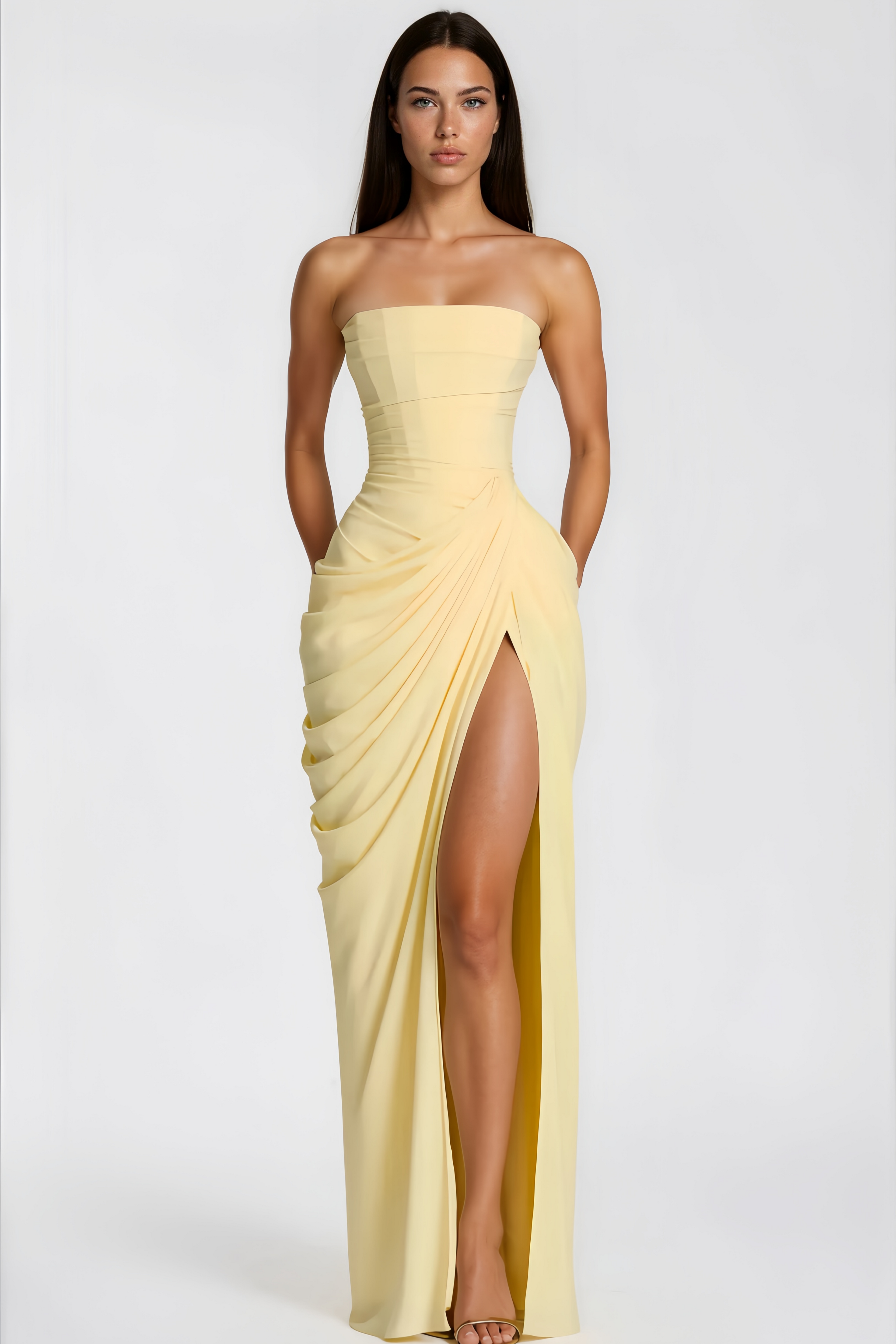 Safiya Yellow Ruched Maxi Dress with Cross Front