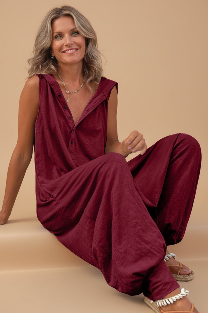 Vivirose- Effen Mouwloze Jumpsuit Met Capuchon En Relaxte Pasvorm