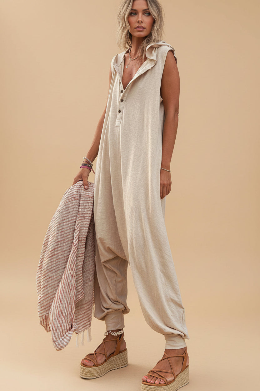 Vivirose- Effen Mouwloze Jumpsuit Met Capuchon En Relaxte Pasvorm
