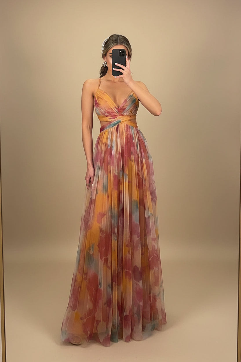 Vivirose | Dames Bedrukte Spaghettibandjes Maxi Jurk