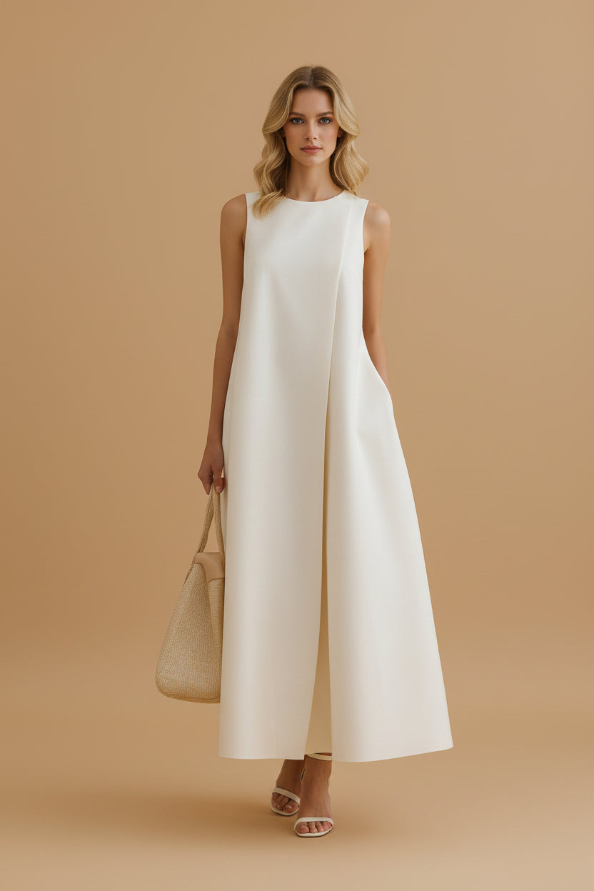 Asymmetrische Maxi Jurk met Hoge Hals en A-Lijn Silhouet