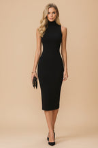 Mouwloze Bodycon Midi Jurk met Hoge Hals