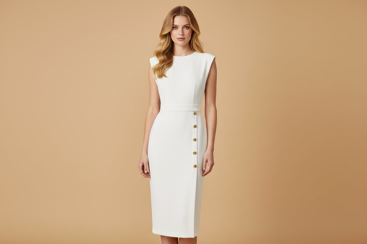 Emma | Dames Knoopdetail Mouwloze Midi Jurk