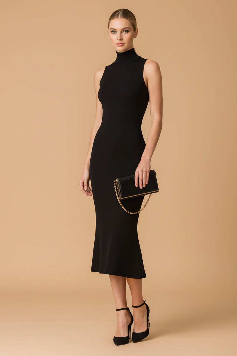 Mouwloze Bodycon Midi Jurk met Hoge Hals