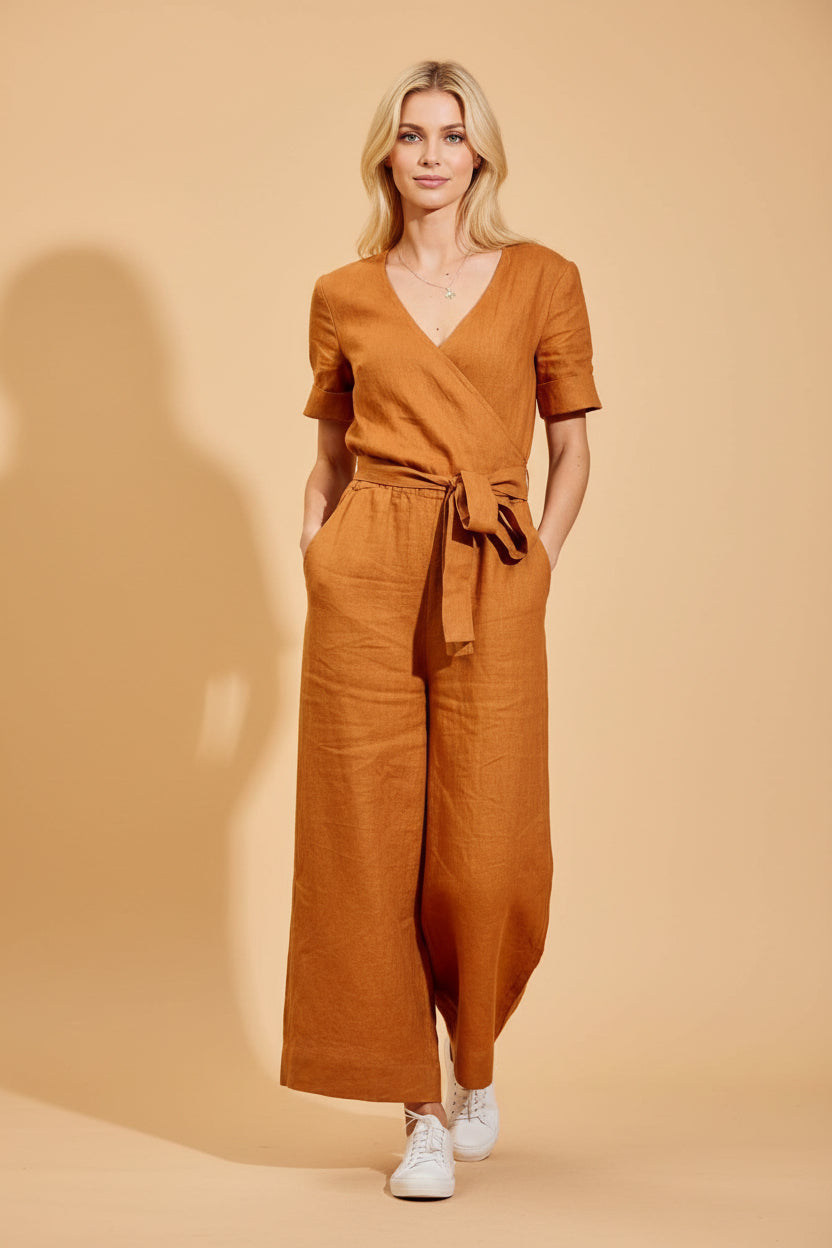 Vivirose- Jumpsuit Met Riem En Korte Mouwen Voor Een Casual Look
