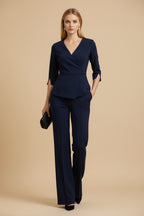 Getailleerd Marineblauw Blazerpak met Peplum Blazer en Wijde Broek