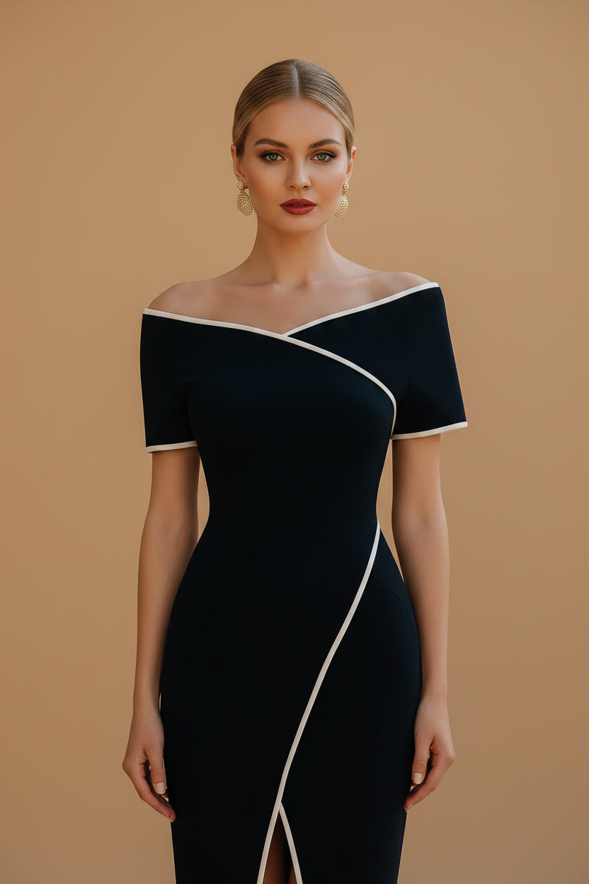 Getailleerde Sheath Jurk met Off-Shoulder Halslijn en Contrasterende Details